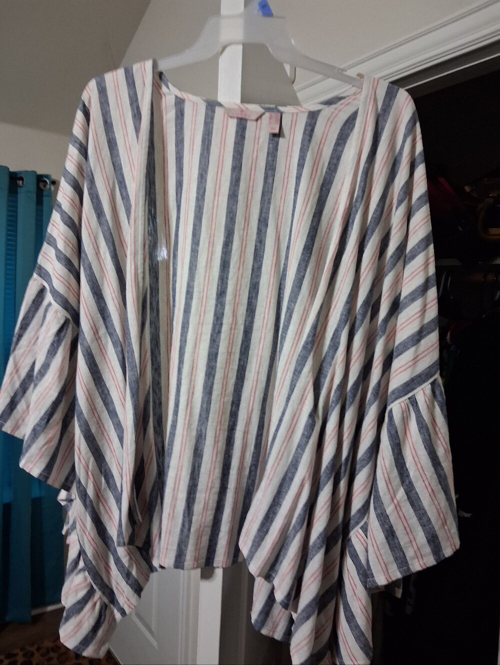 Striped Flutter Sleeve Women’s Top in White and Blue